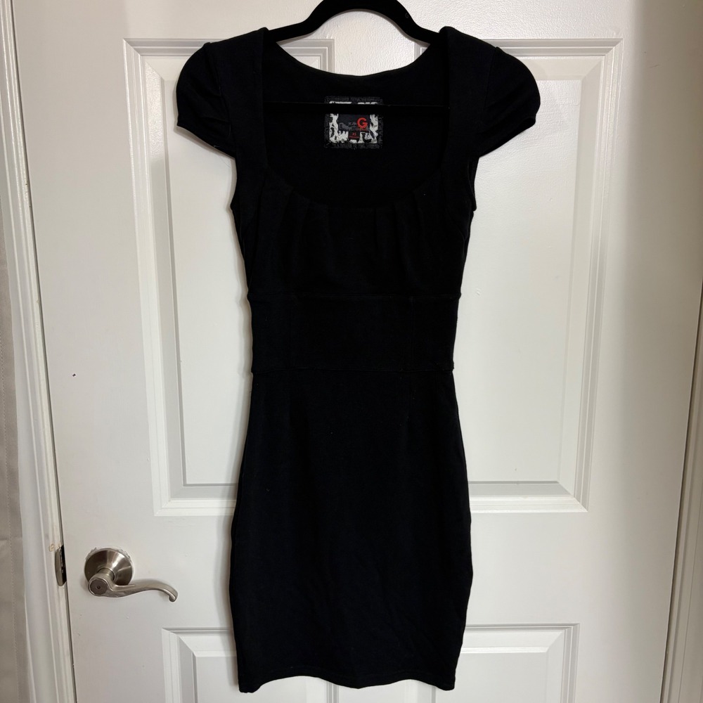 G by GUESS Black Bodycon Mini Dress Square Neck Pleated Bust Cap Sleeve XS